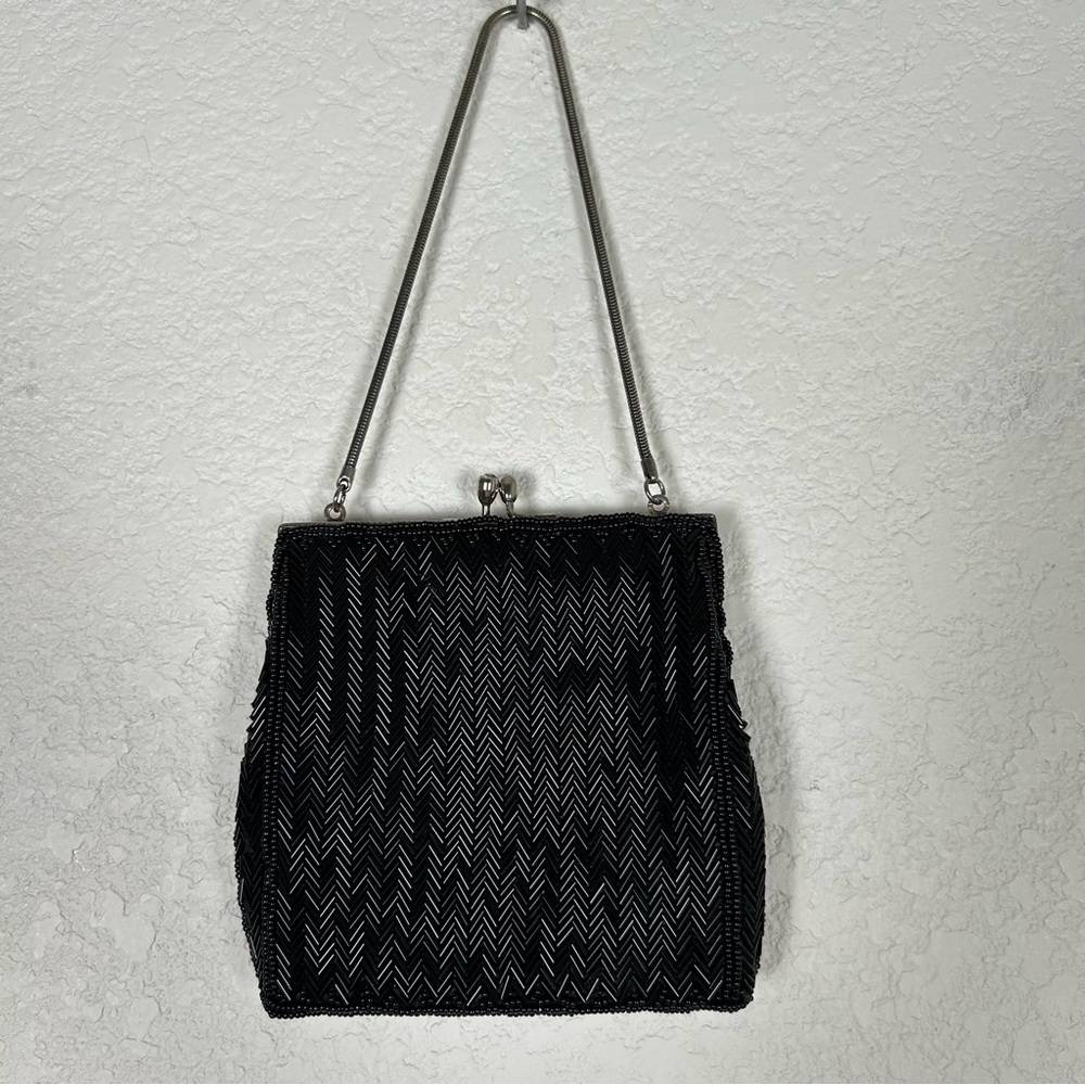 Vintage small beaded jet bag with kiss lock & serpent chain strap convertible